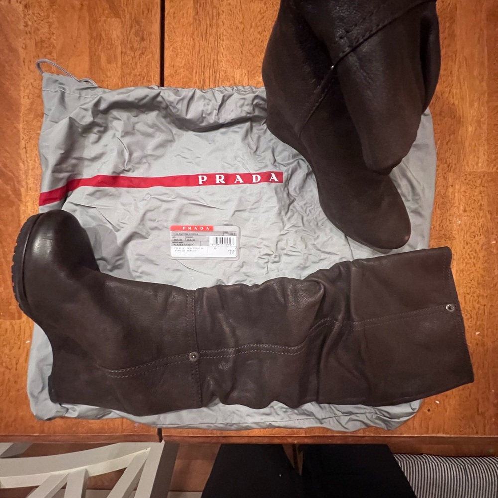 PRADA Women Leather Knee Wedge Boots Dark Brown